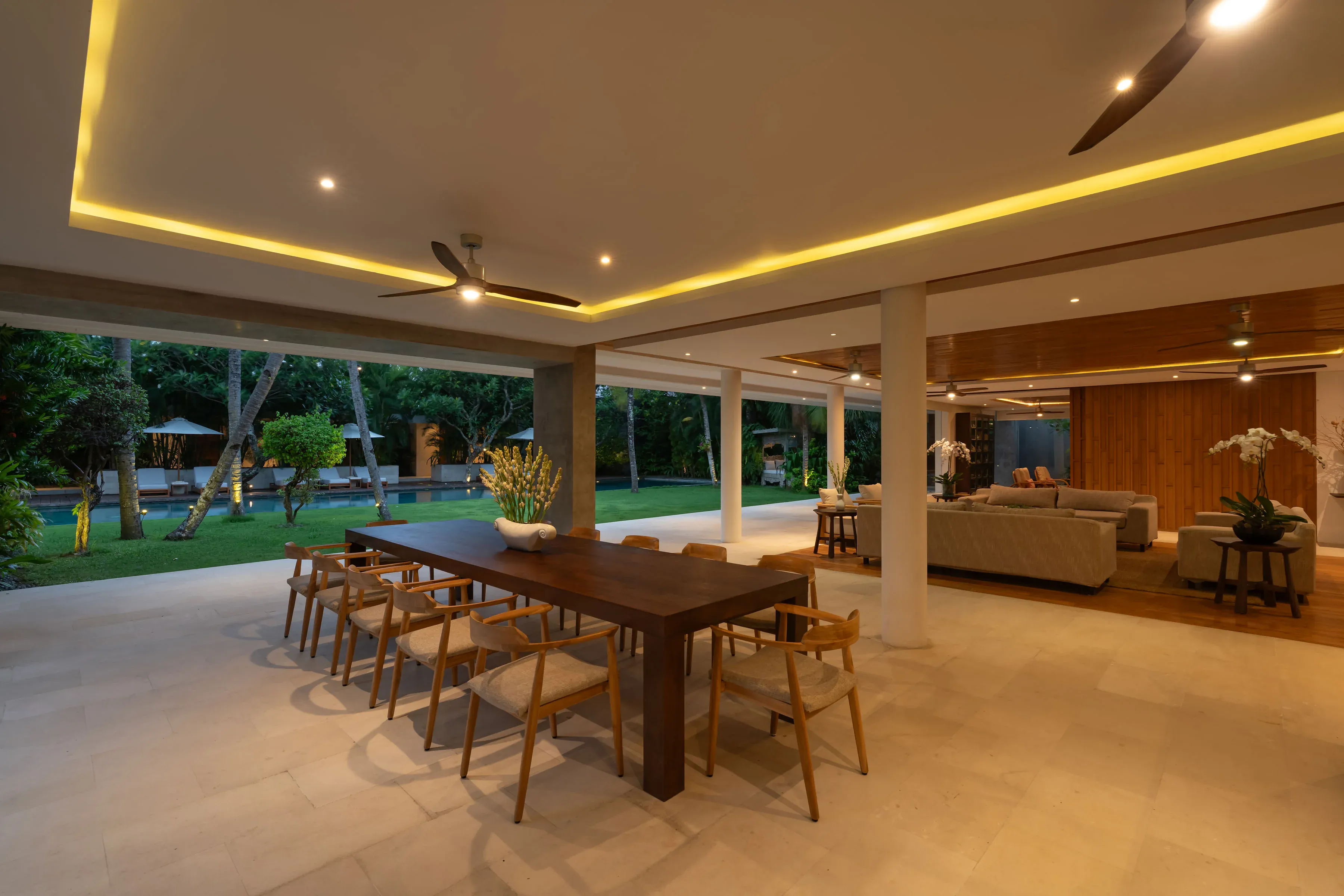 Evening ambience in the living pavilion at Villa Zambala